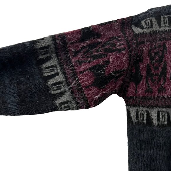 Womens Black Burgundy Alpaca Wool Blend Furry Greek Key Boho Cardigan Size L - Picture 2 of 5
